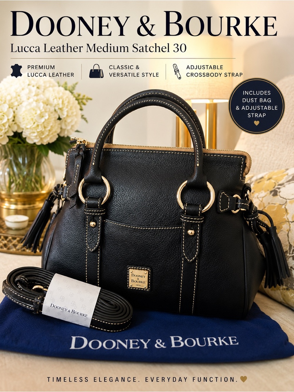 Dooney & Bourke Lucca Black Leather Satchel 30, Dust Bag,  Crossbody Strap NWT
